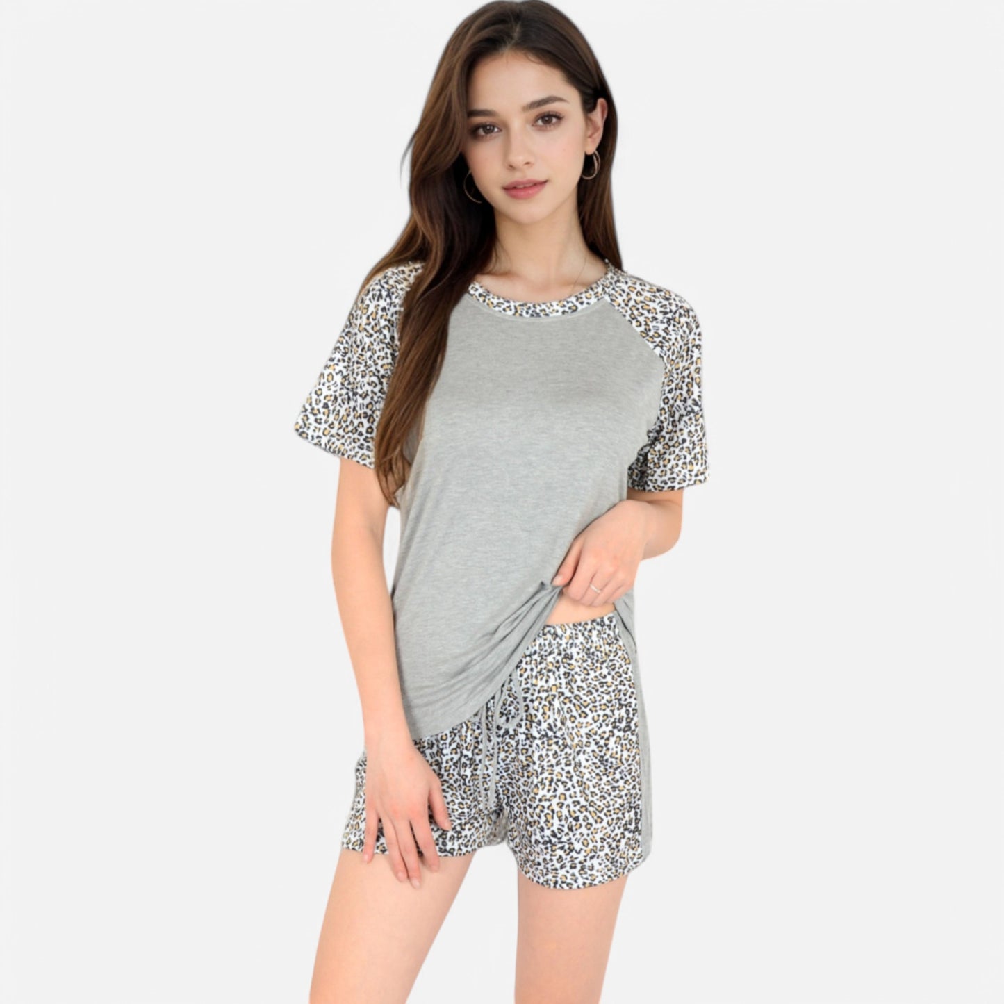 Lounge Women's Leopard Print Short Sleeve Pajama Set with Drawstring Shorts