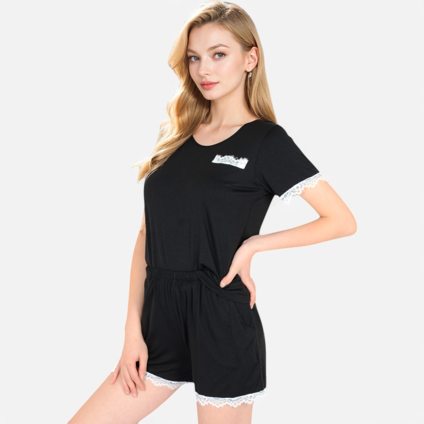 Lounge Women's Lace Trim Short Sleeve Pajama Set with Pocket Detail