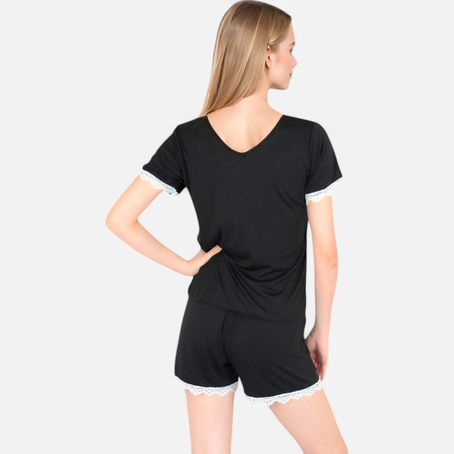 Lounge Women's Lace Trim Short Sleeve Pajama Set with Pocket Detail