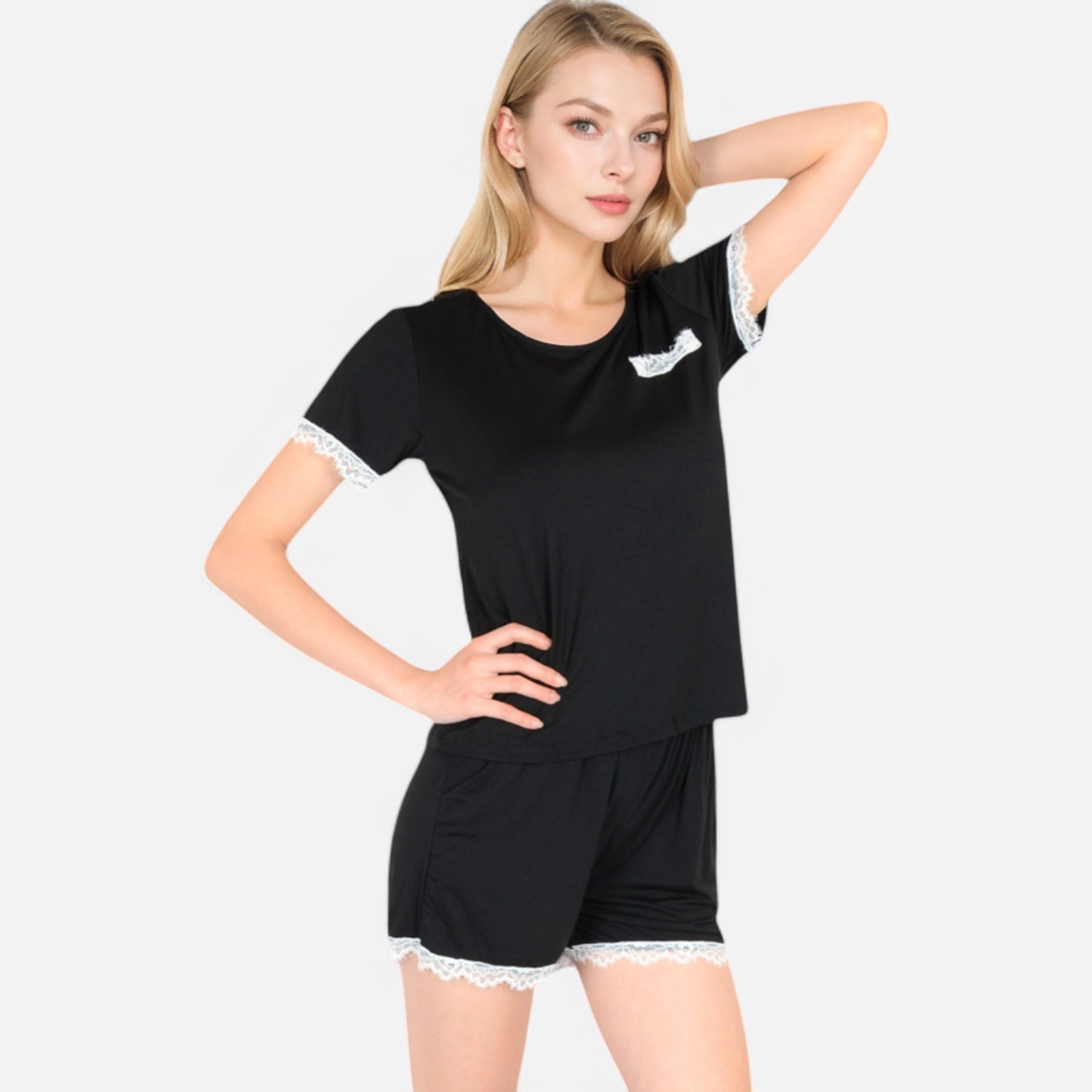 Lounge Women's Lace Trim Short Sleeve Pajama Set with Pocket Detail