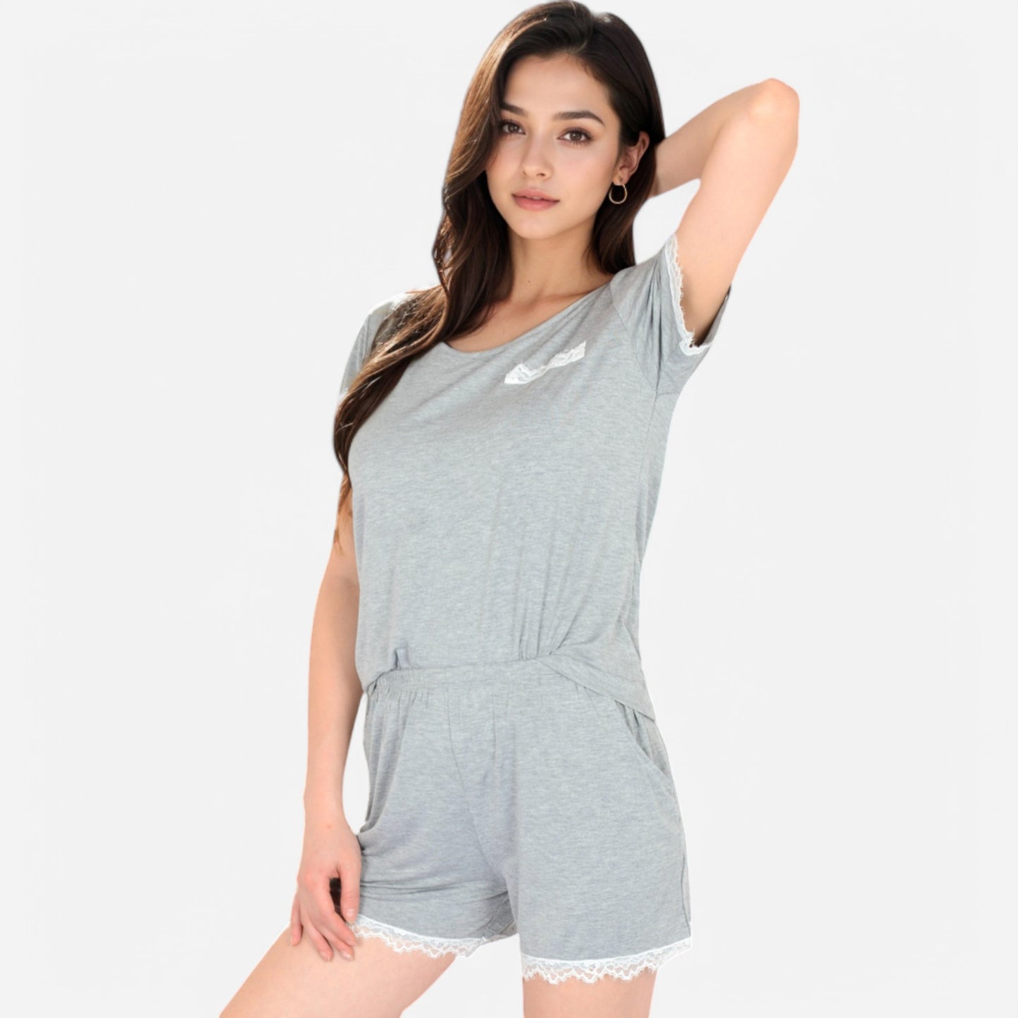 Lounge Women's Lace Trim Short Sleeve Pajama Set with Pocket Detail