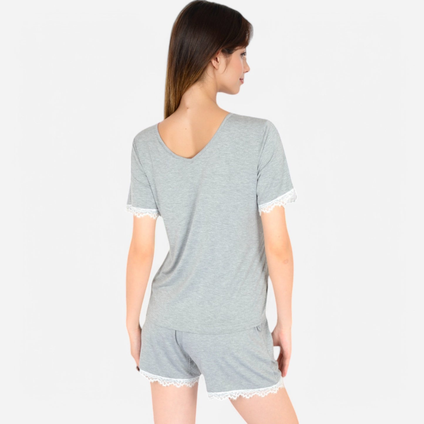 Lounge Women's Lace Trim Short Sleeve Pajama Set with Pocket Detail
