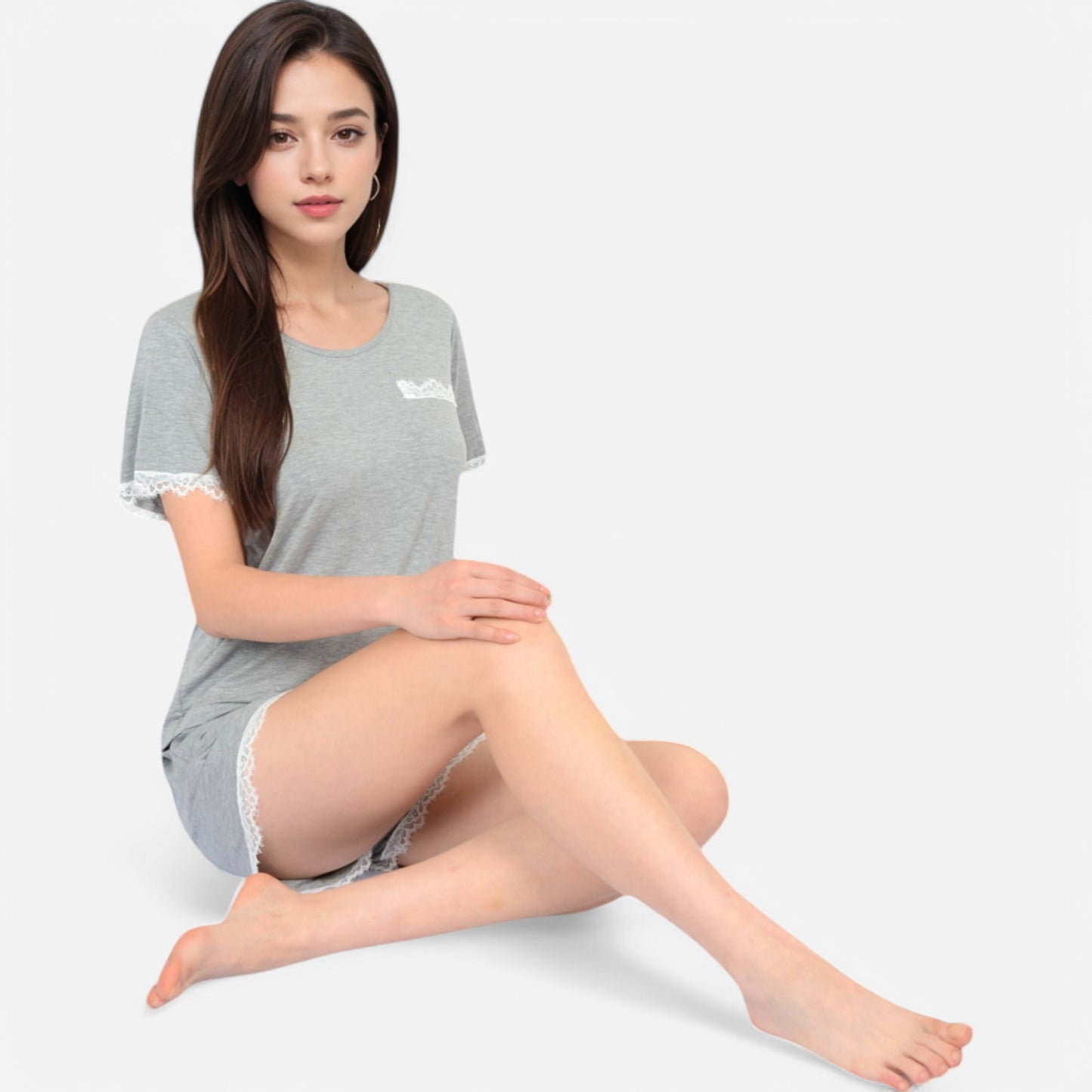 Lounge Women's Lace Trim Short Sleeve Pajama Set with Pocket Detail