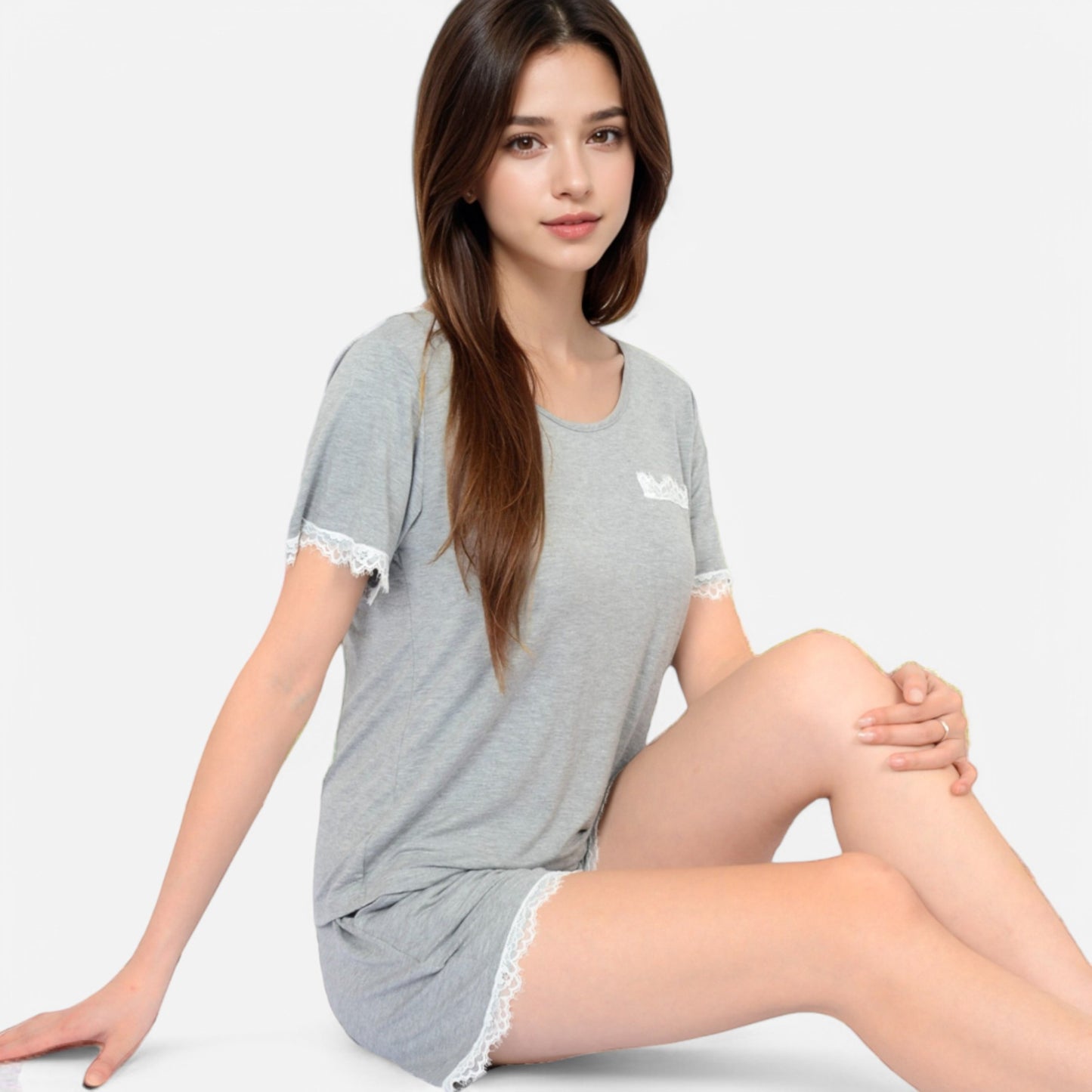 Lounge Women's Lace Trim Short Sleeve Pajama Set with Pocket Detail