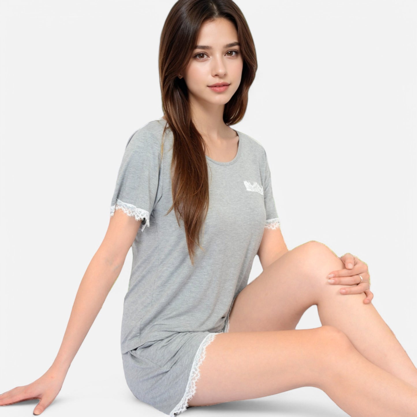 Lounge Women's Lace Trim Short Sleeve Pajama Set with Pocket Detail