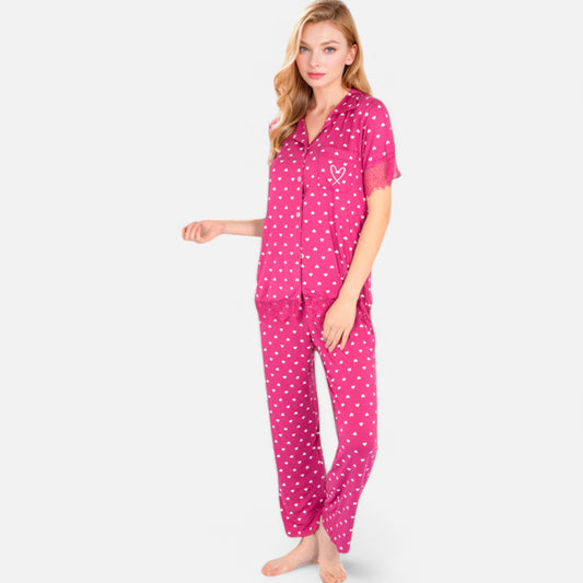 Lounge Women's Polka Dot Short Sleeve Button-Up Pajama Set with Pocket Detail