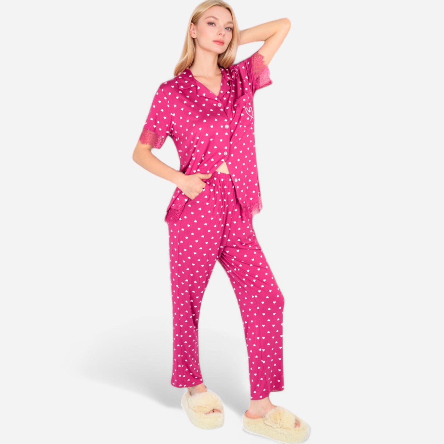 Lounge Women's Polka Dot Short Sleeve Button-Up Pajama Set with Pocket Detail