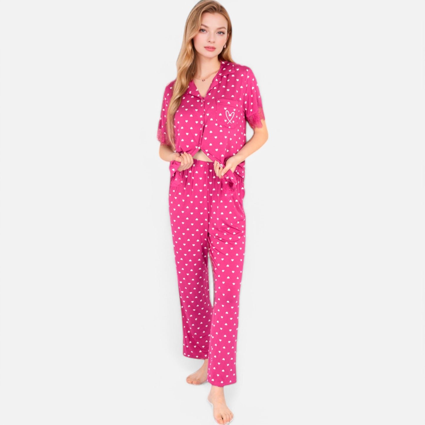 Lounge Women's Polka Dot Short Sleeve Button-Up Pajama Set with Pocket Detail