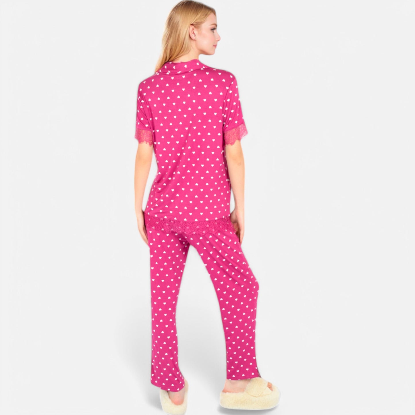 Lounge Women's Polka Dot Short Sleeve Button-Up Pajama Set with Pocket Detail