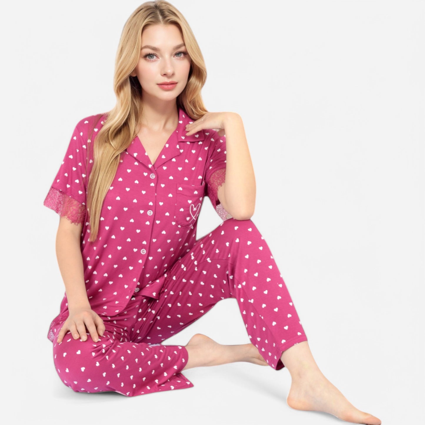 Lounge Women's Polka Dot Short Sleeve Button-Up Pajama Set with Pocket Detail
