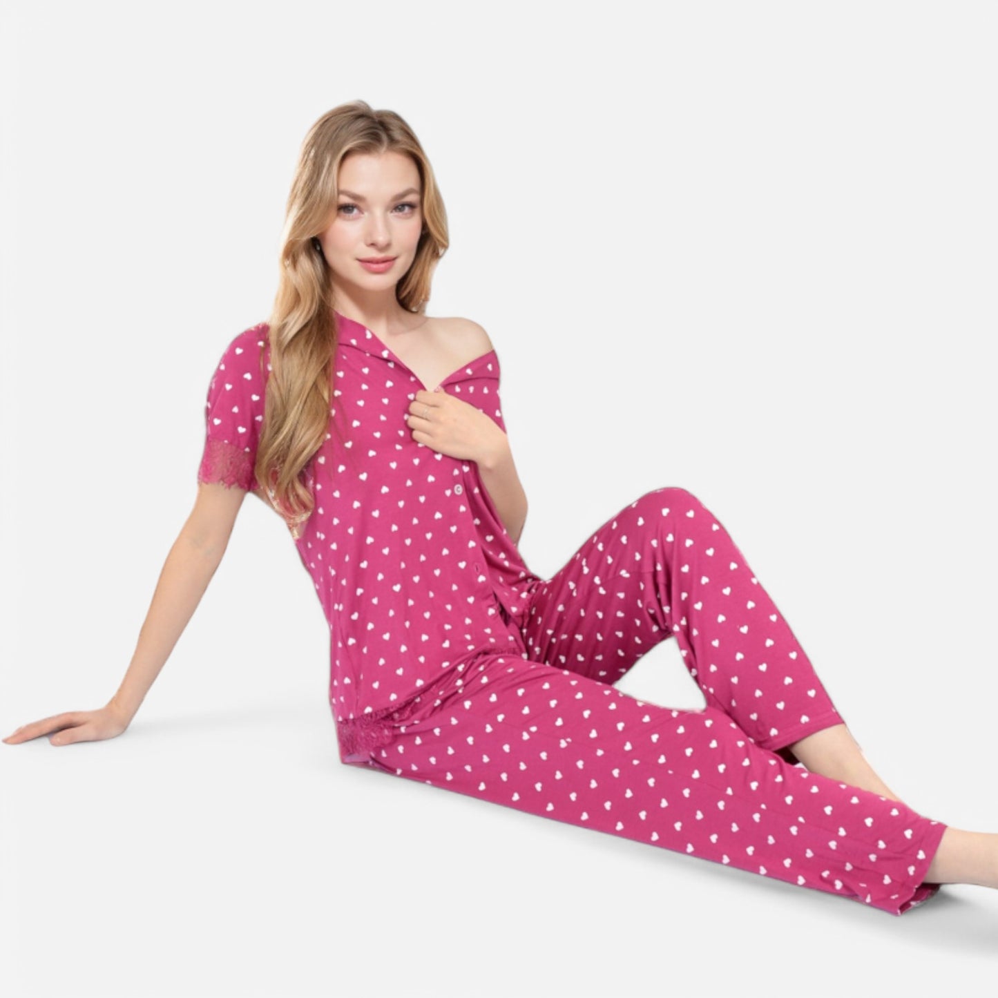 Lounge Women's Polka Dot Short Sleeve Button-Up Pajama Set with Pocket Detail