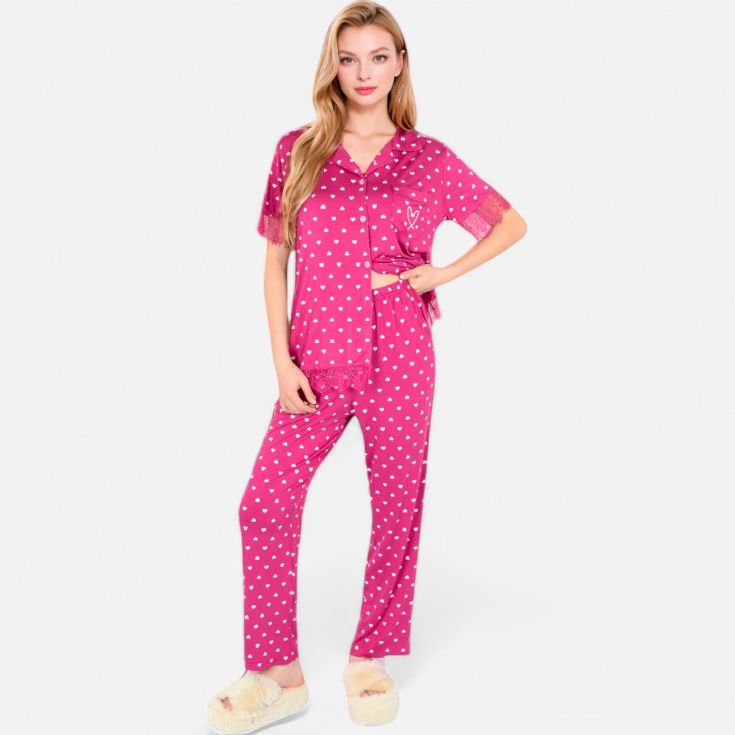Lounge Women's Polka Dot Short Sleeve Button-Up Pajama Set with Pocket Detail