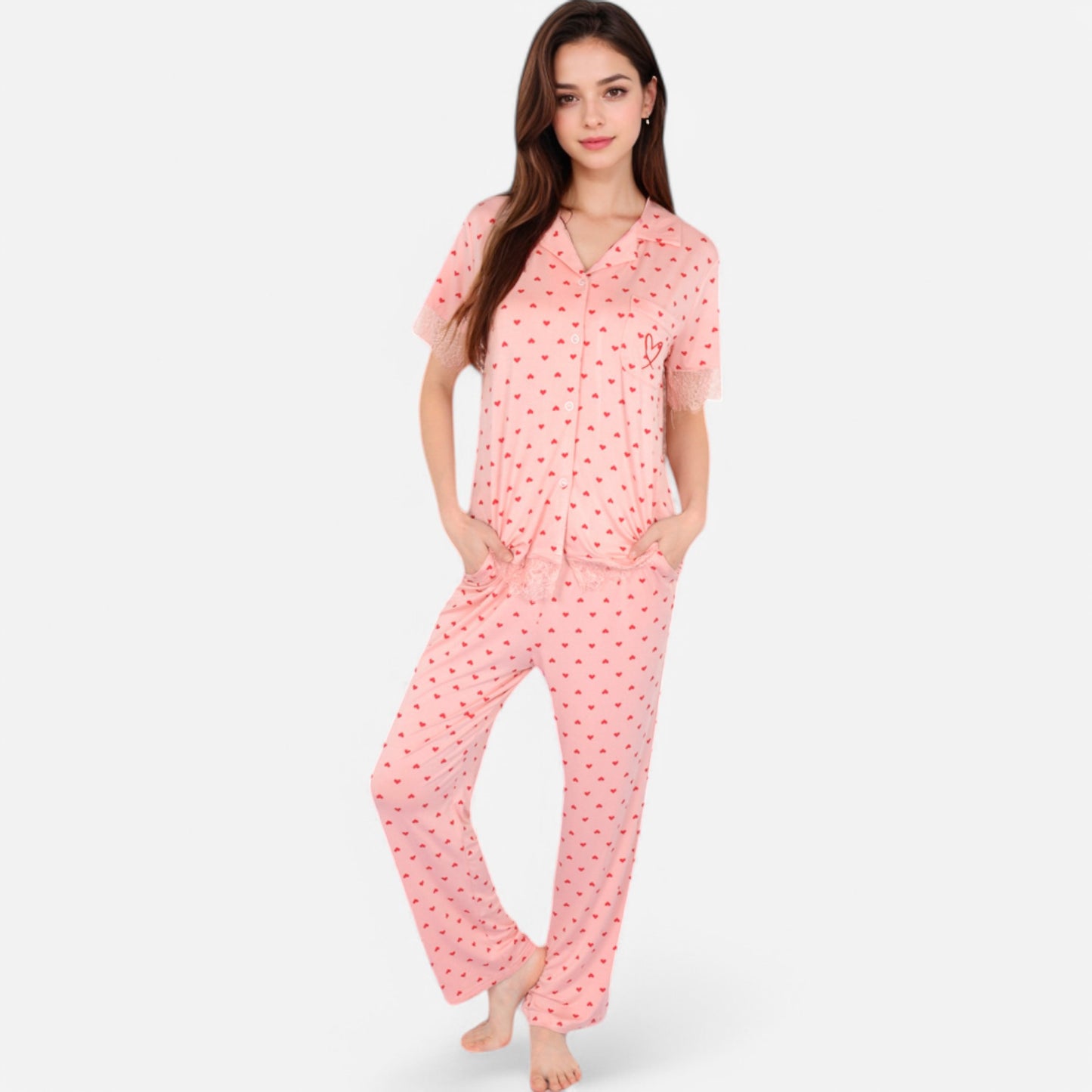 Lounge Women's Polka Dot Short Sleeve Button-Up Pajama Set with Pocket Detail