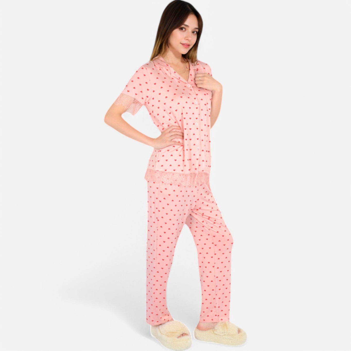 Lounge Women's Polka Dot Short Sleeve Button-Up Pajama Set with Pocket Detail