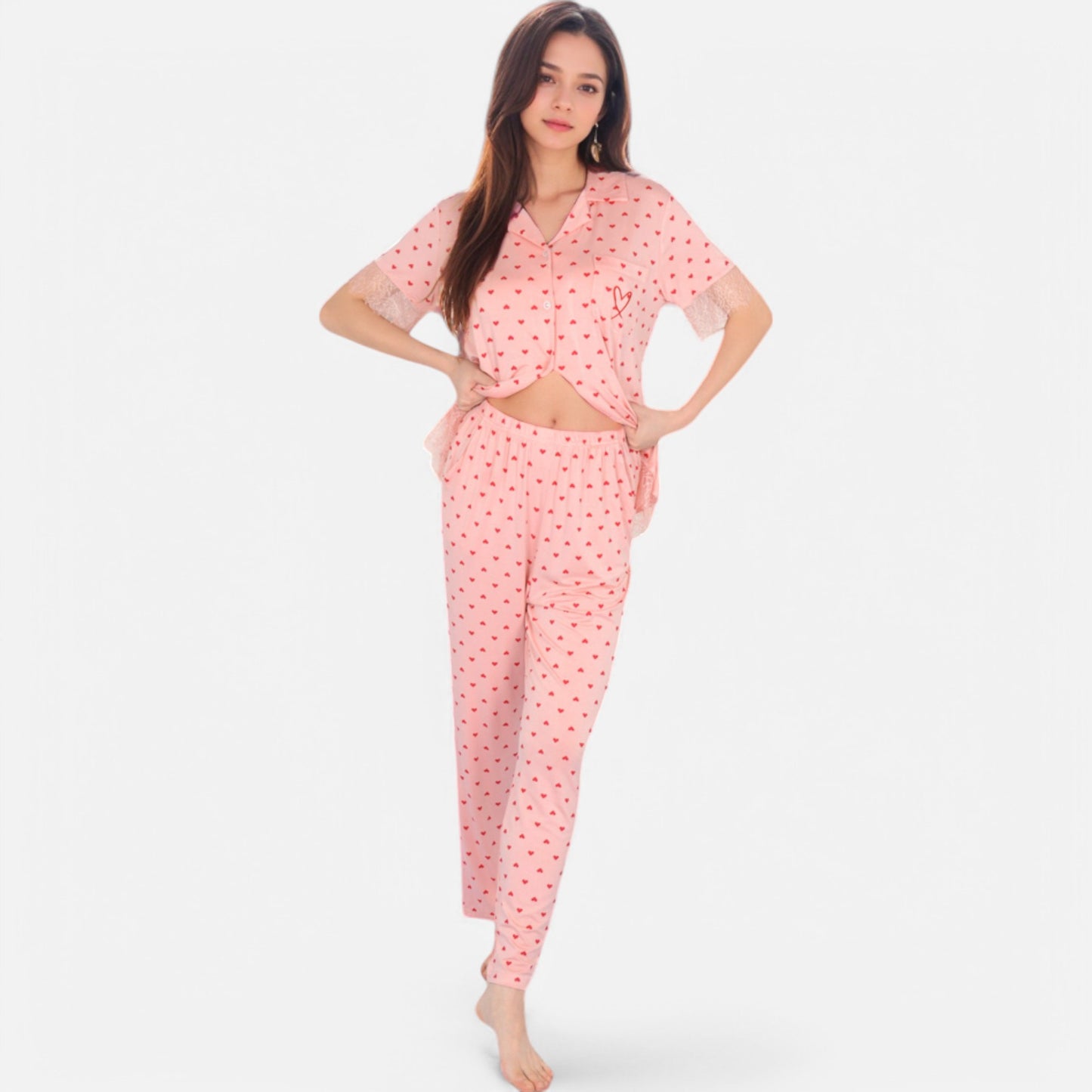 Lounge Women's Polka Dot Short Sleeve Button-Up Pajama Set with Pocket Detail