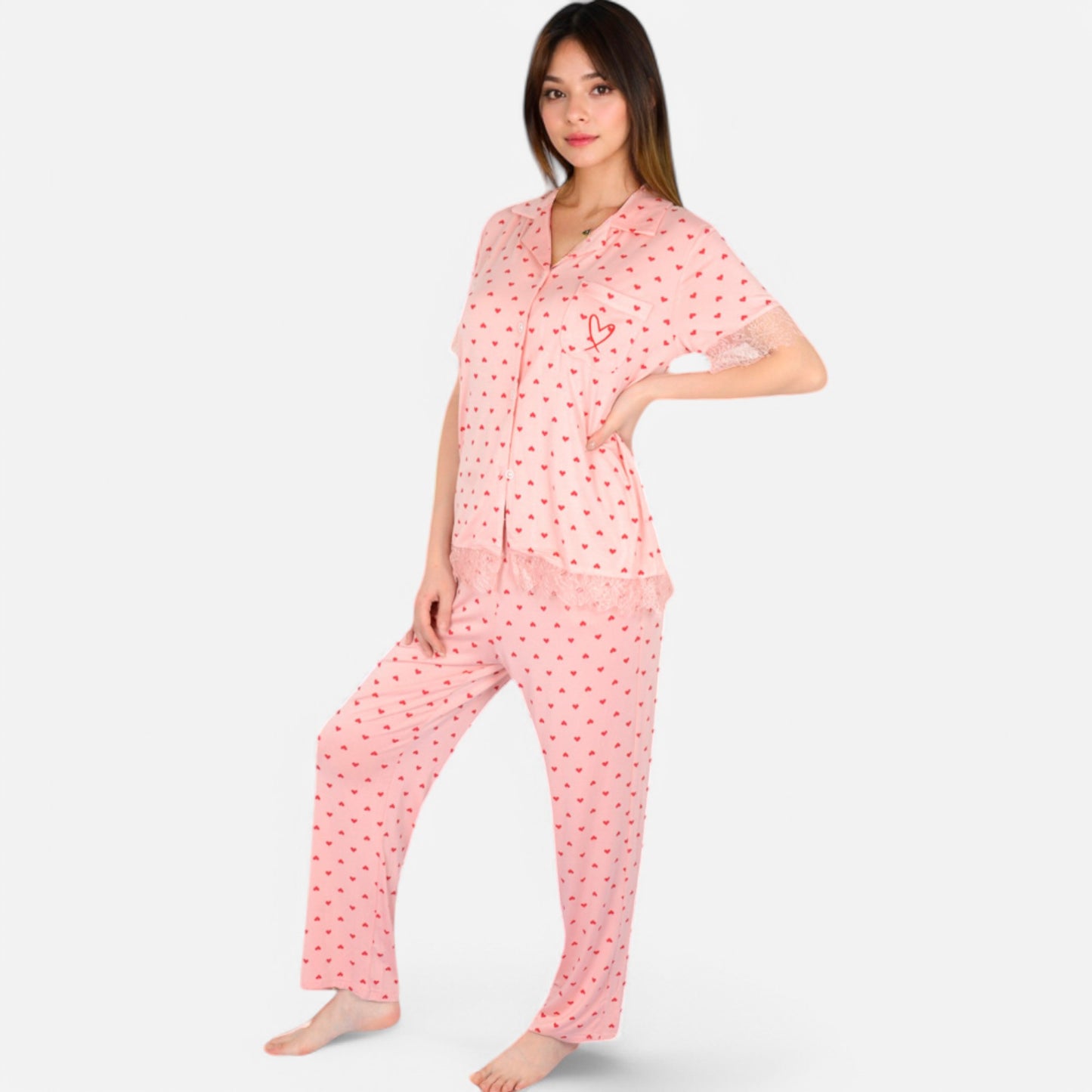 Lounge Women's Polka Dot Short Sleeve Button-Up Pajama Set with Pocket Detail