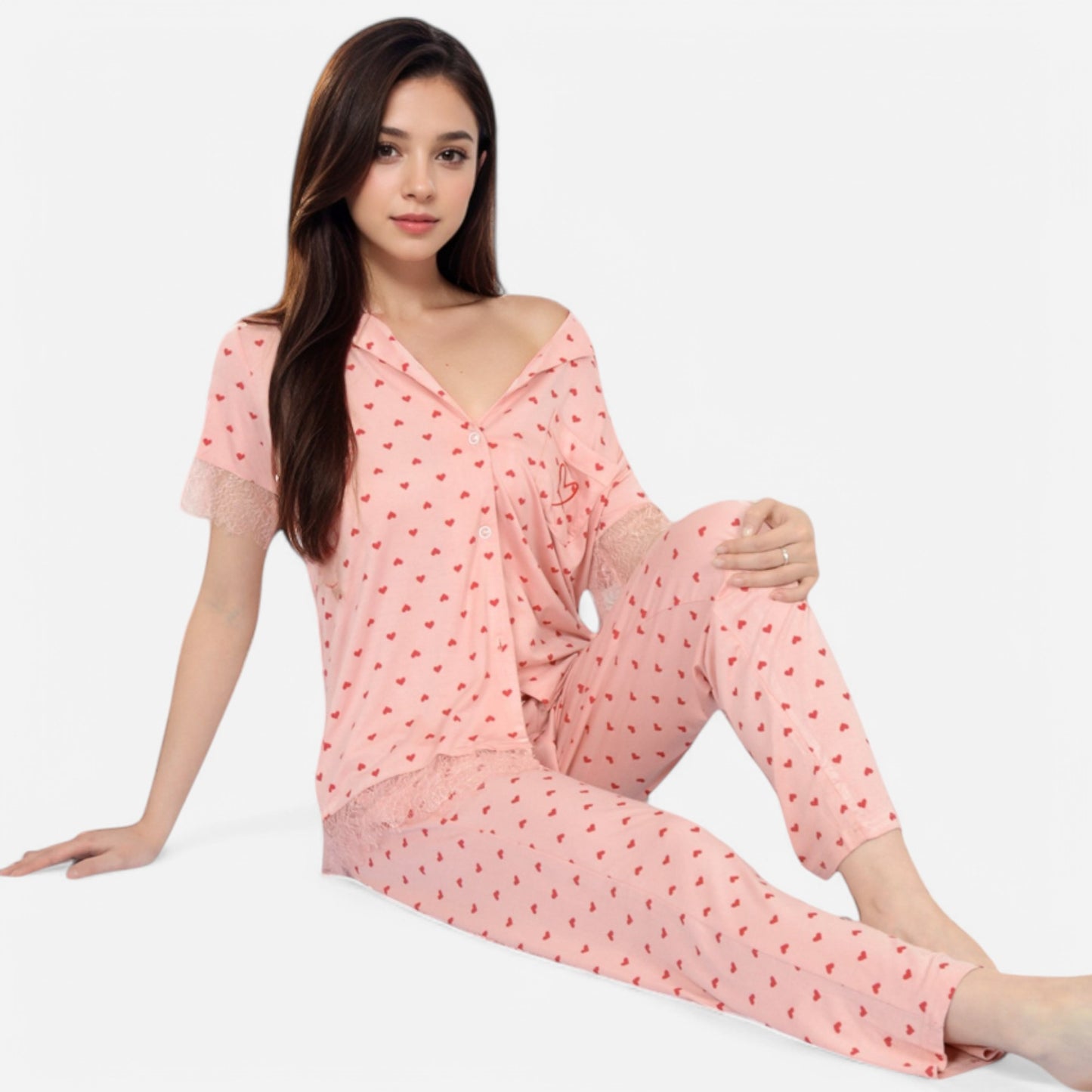 Lounge Women's Polka Dot Short Sleeve Button-Up Pajama Set with Pocket Detail