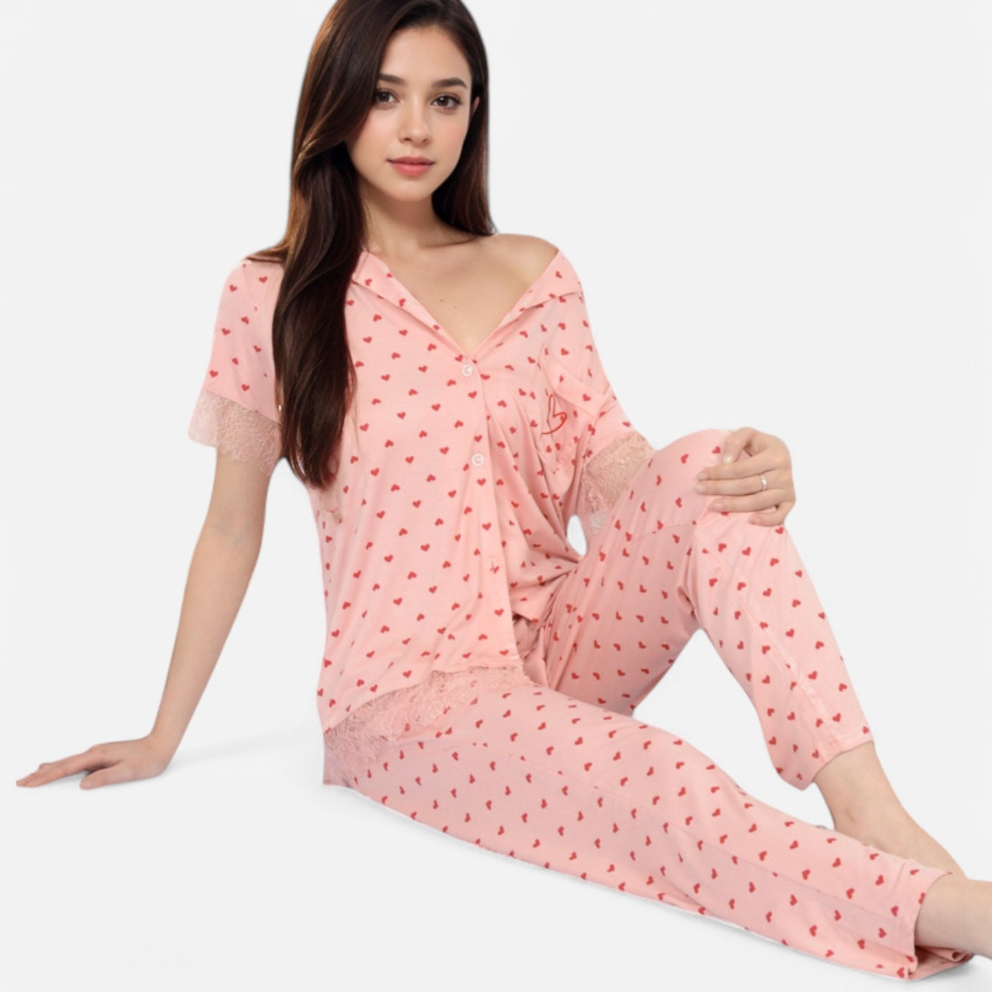 Lounge Women's Polka Dot Short Sleeve Button-Up Pajama Set with Pocket Detail