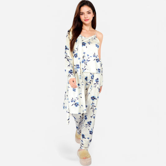 Lounge Women's Floral Print 3-Piece Pajama Set with Long Cardigan and Elastic Waist Pants