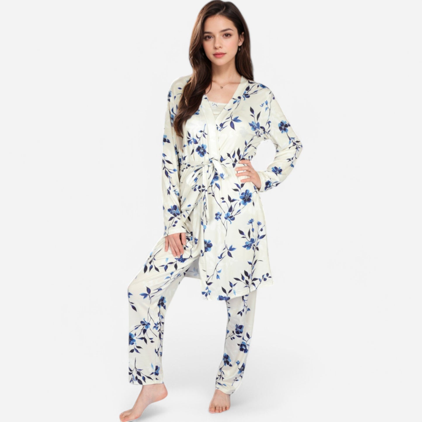 Lounge Women's Floral Print 3-Piece Pajama Set with Long Cardigan and Elastic Waist Pants