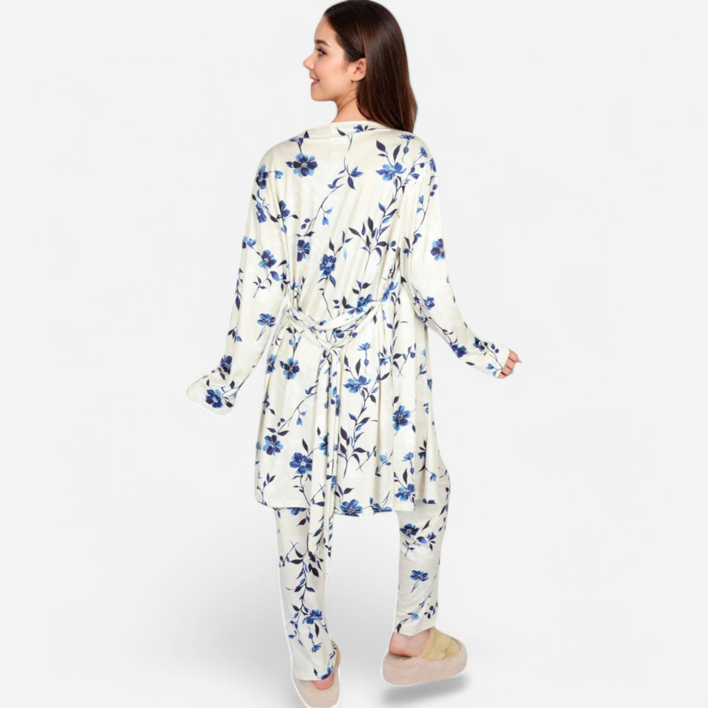 Lounge Women's Floral Print 3-Piece Pajama Set with Long Cardigan and Elastic Waist Pants
