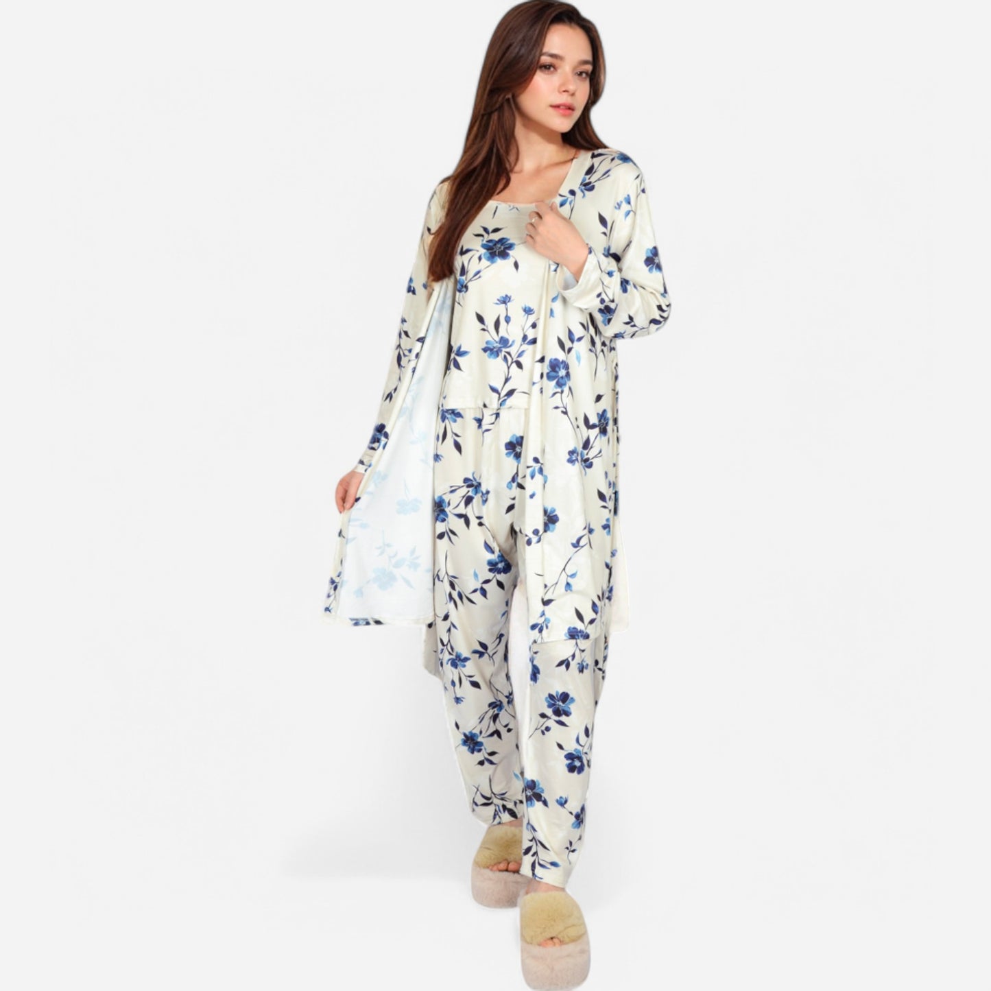 Lounge Women's Floral Print 3-Piece Pajama Set with Long Cardigan and Elastic Waist Pants
