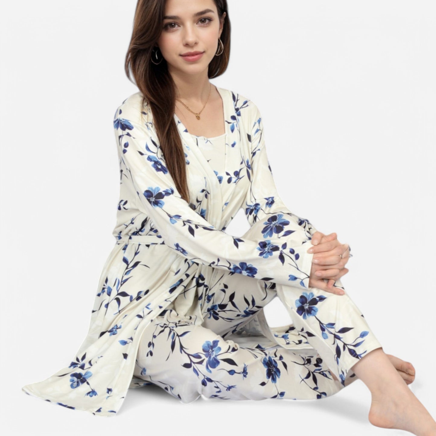 Lounge Women's Floral Print 3-Piece Pajama Set with Long Cardigan and Elastic Waist Pants