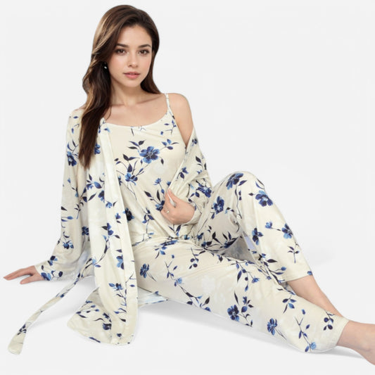 Lounge Women's Floral Print 3-Piece Pajama Set with Long Cardigan and Elastic Waist Pants