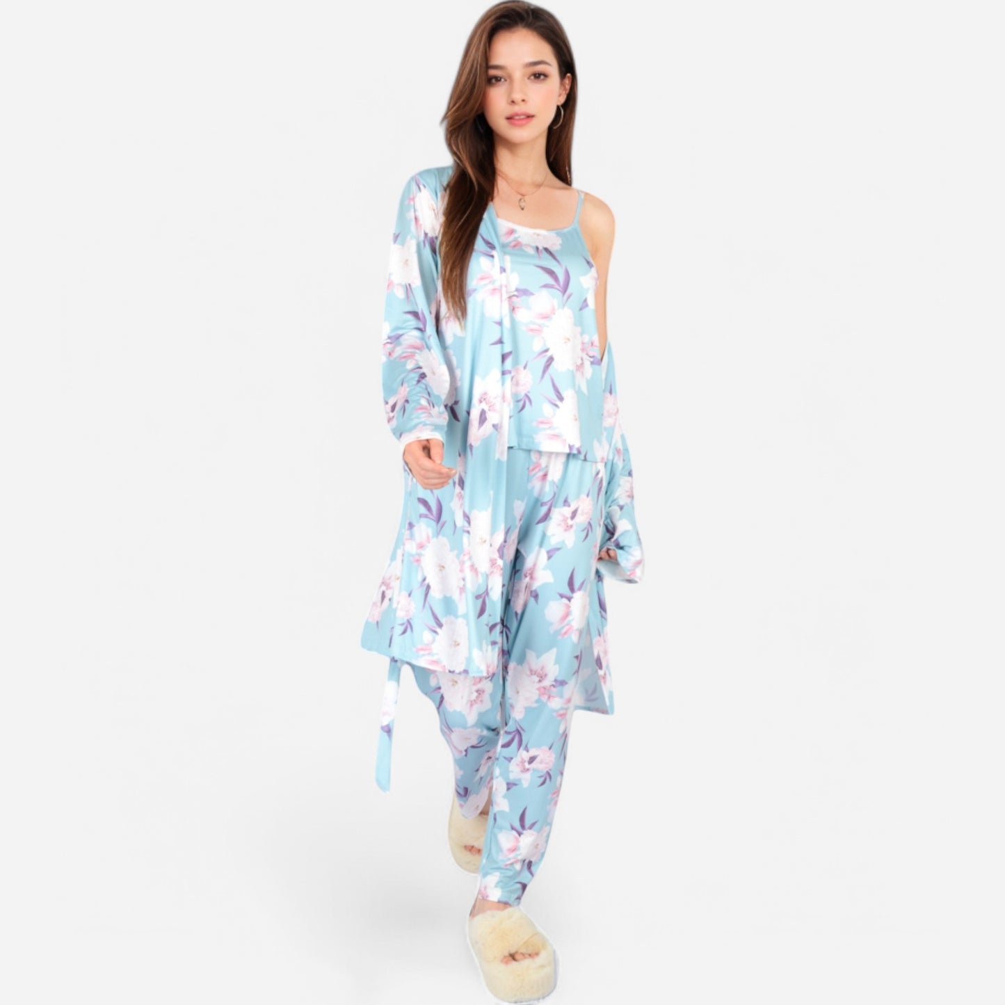 Lounge Women's Floral Print 3-Piece Pajama Set with Long Cardigan and Elastic Waist Pants