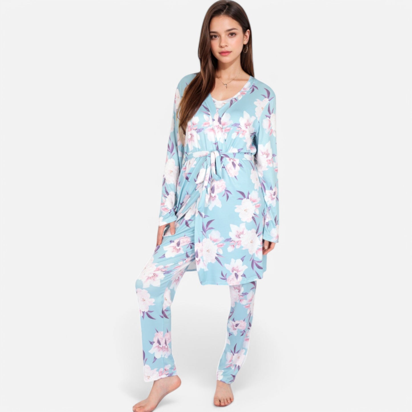 Lounge Women's Floral Print 3-Piece Pajama Set with Long Cardigan and Elastic Waist Pants