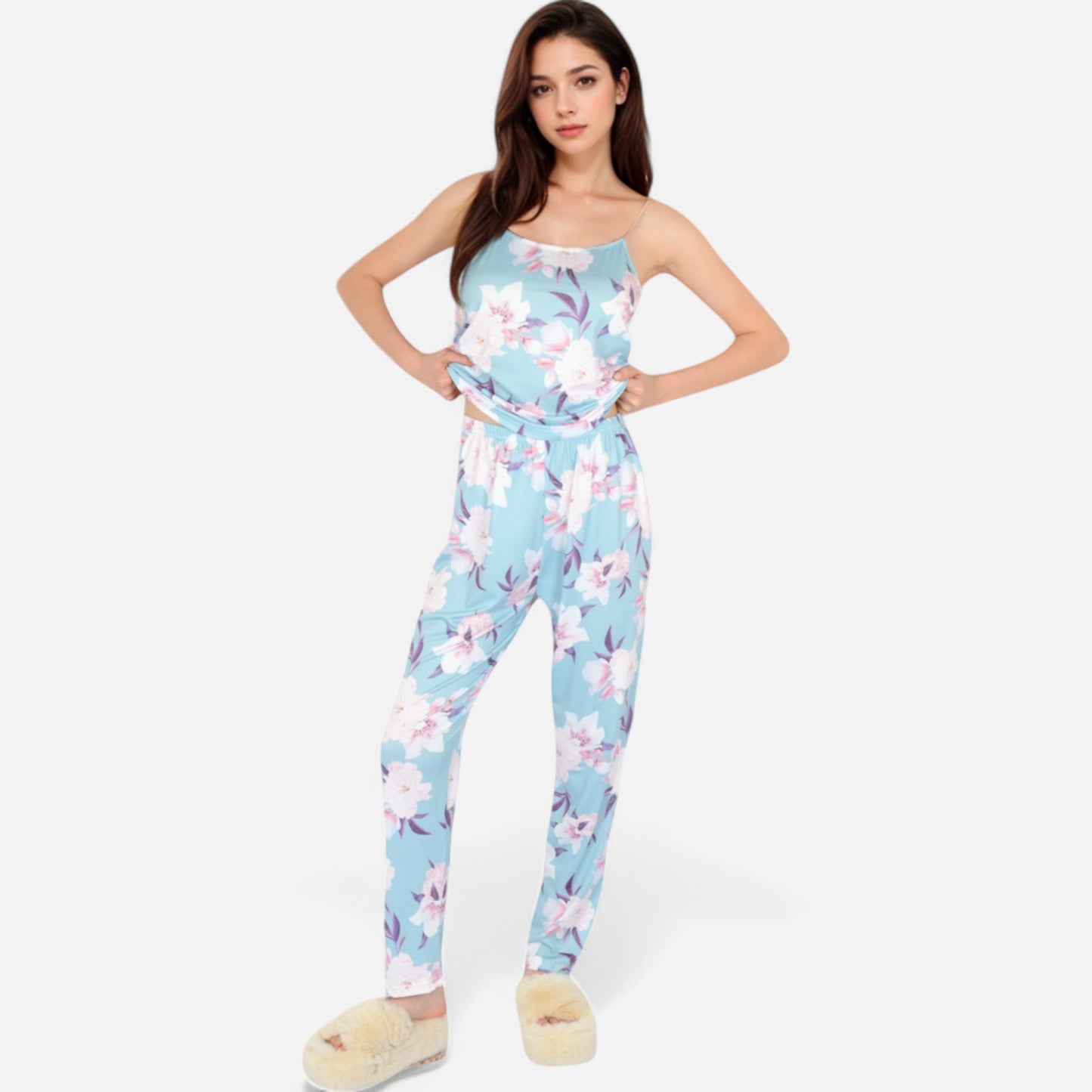 Lounge Women's Floral Print 3-Piece Pajama Set with Long Cardigan and Elastic Waist Pants