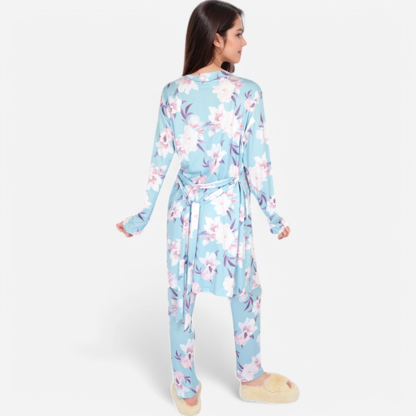 Lounge Women's Floral Print 3-Piece Pajama Set with Long Cardigan and Elastic Waist Pants