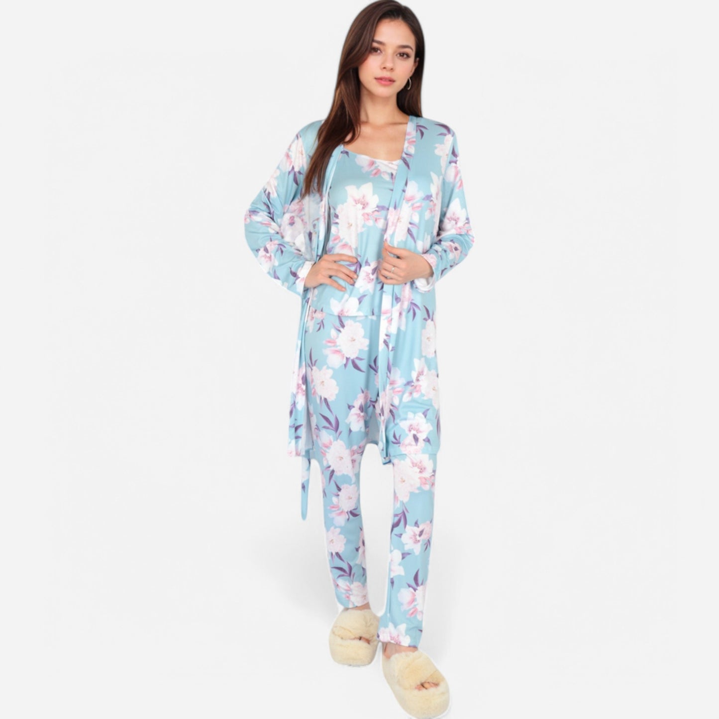 Lounge Women's Floral Print 3-Piece Pajama Set with Long Cardigan and Elastic Waist Pants
