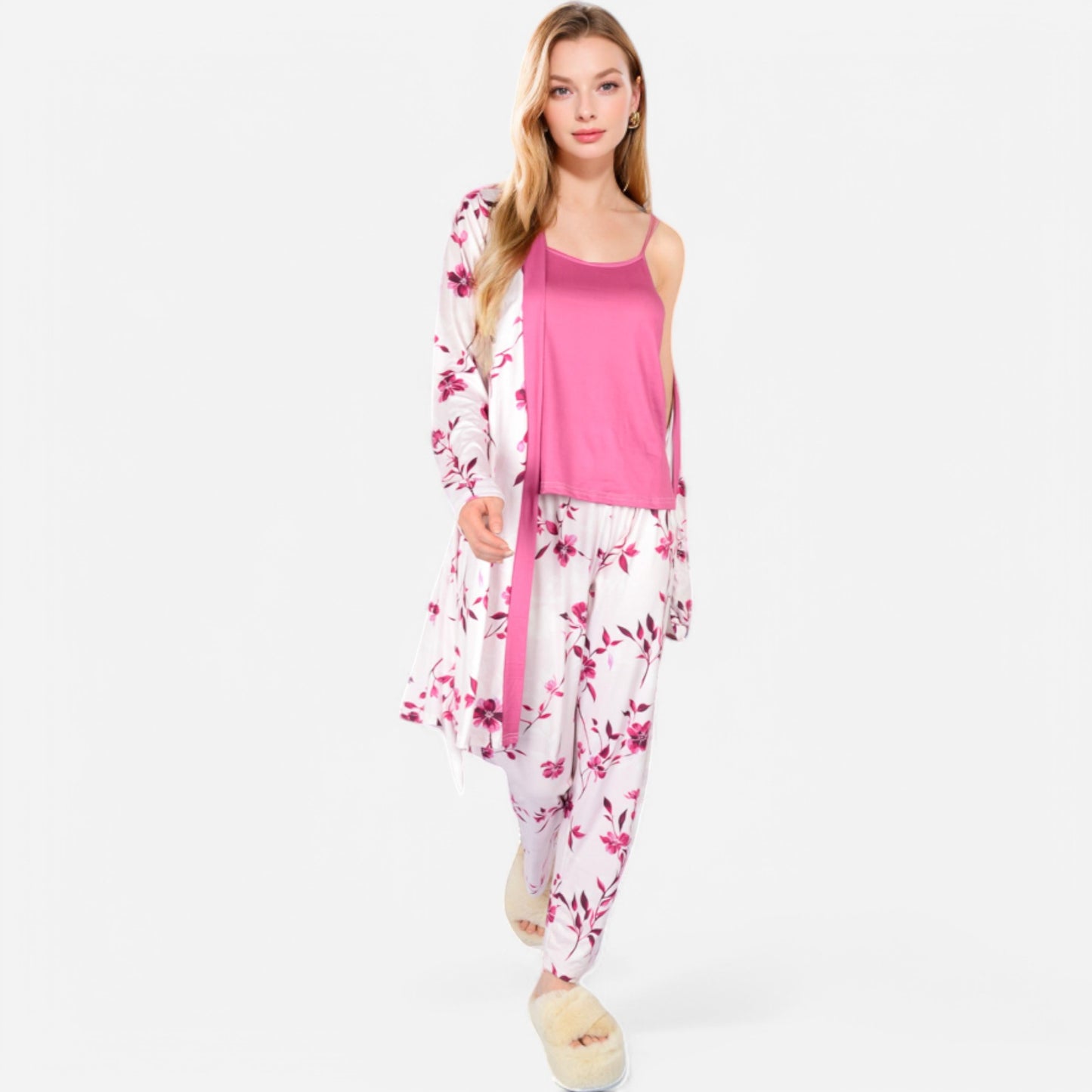Lounge Women's Floral Print 3-Piece Pajama Set with Long Cardigan and Elastic Waist Pants