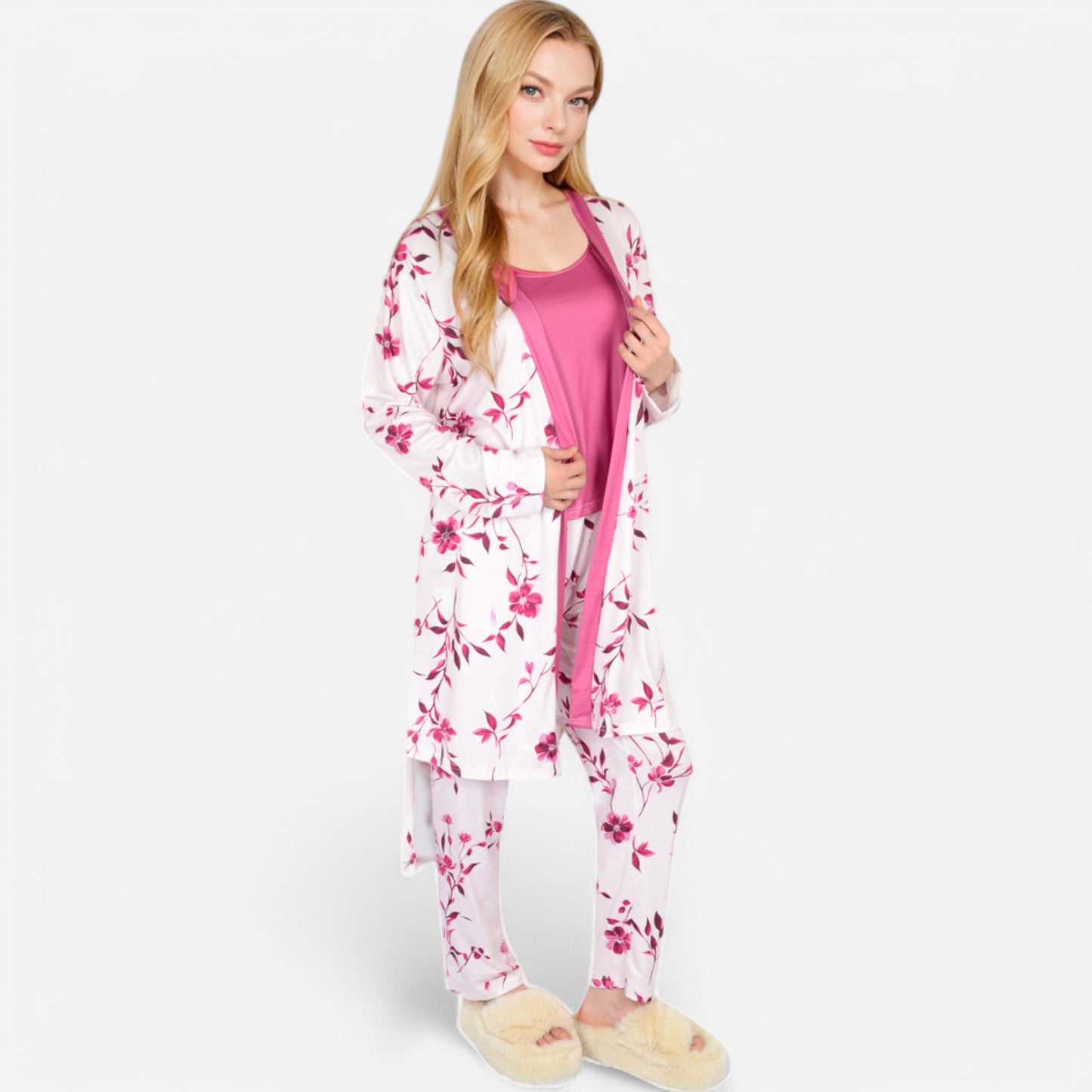 Lounge Women's Floral Print 3-Piece Pajama Set with Long Cardigan and Elastic Waist Pants