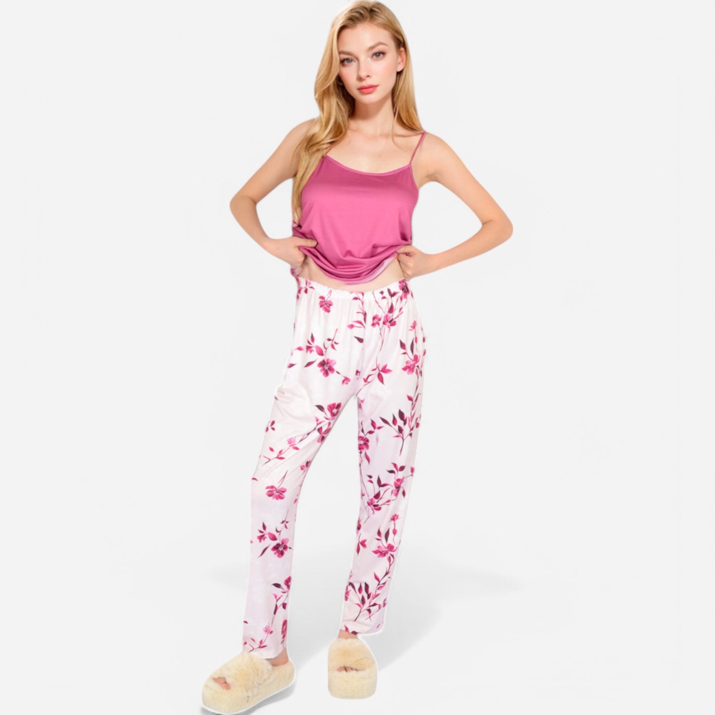 Lounge Women's Floral Print 3-Piece Pajama Set with Long Cardigan and Elastic Waist Pants