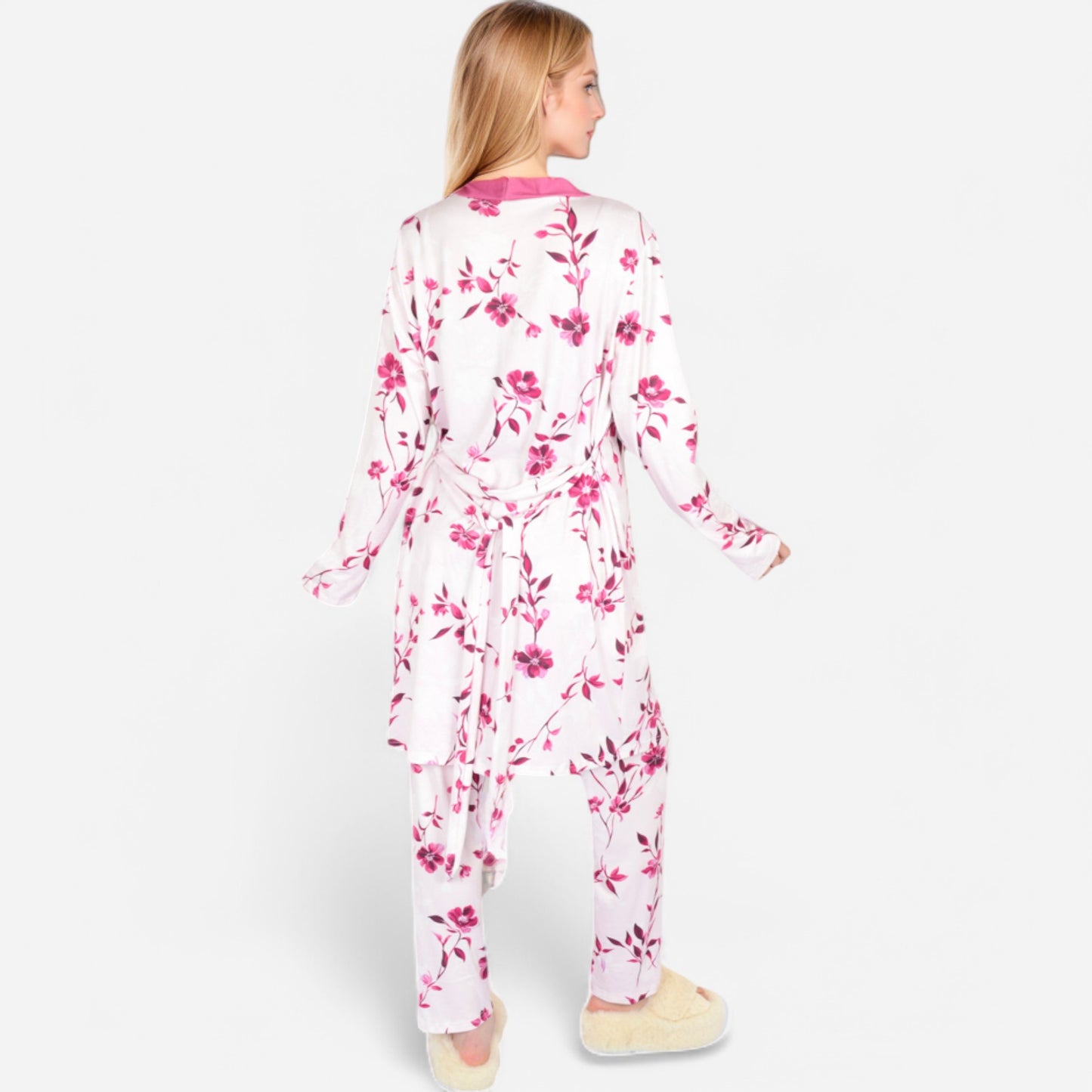 Lounge Women's Floral Print 3-Piece Pajama Set with Long Cardigan and Elastic Waist Pants