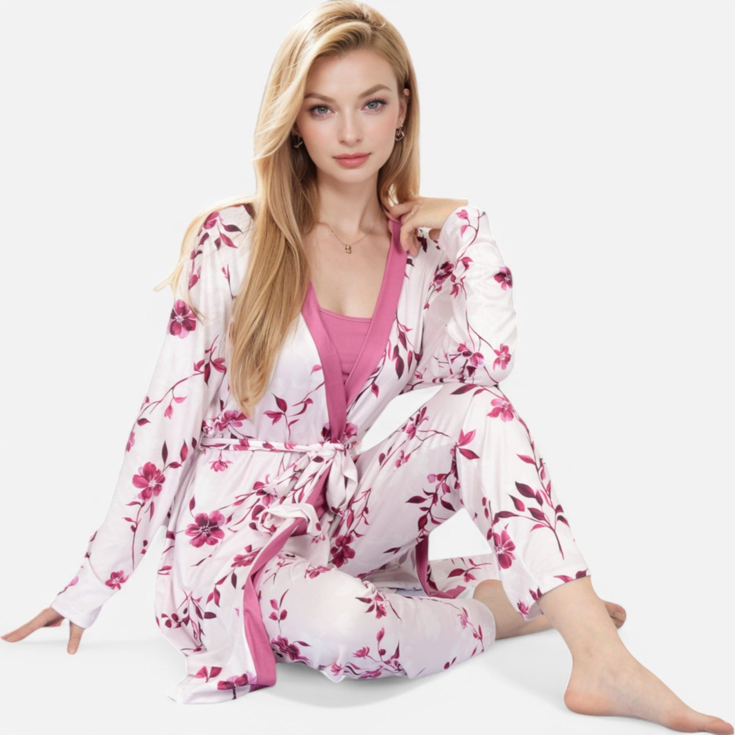 Lounge Women's Floral Print 3-Piece Pajama Set with Long Cardigan and Elastic Waist Pants