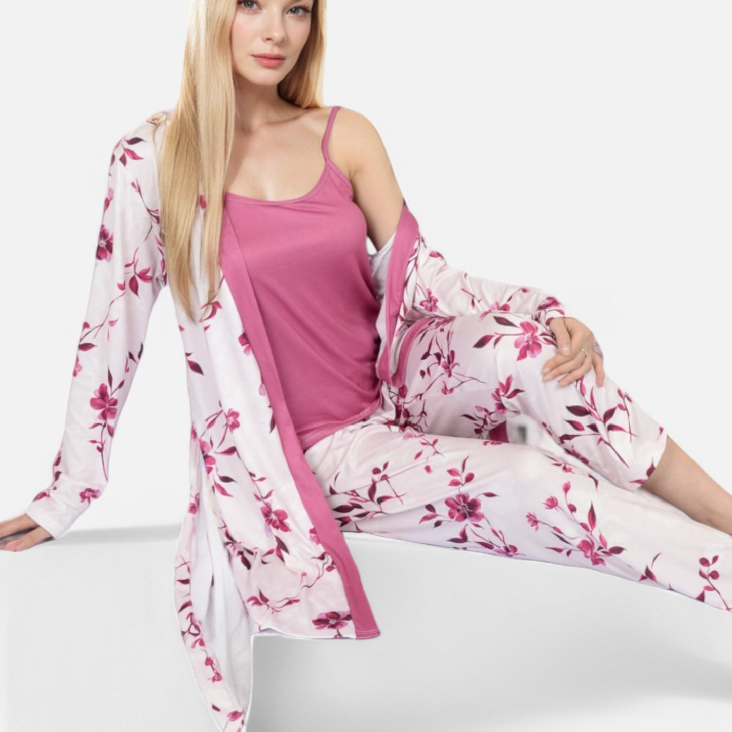Lounge Women's Floral Print 3-Piece Pajama Set with Long Cardigan and Elastic Waist Pants