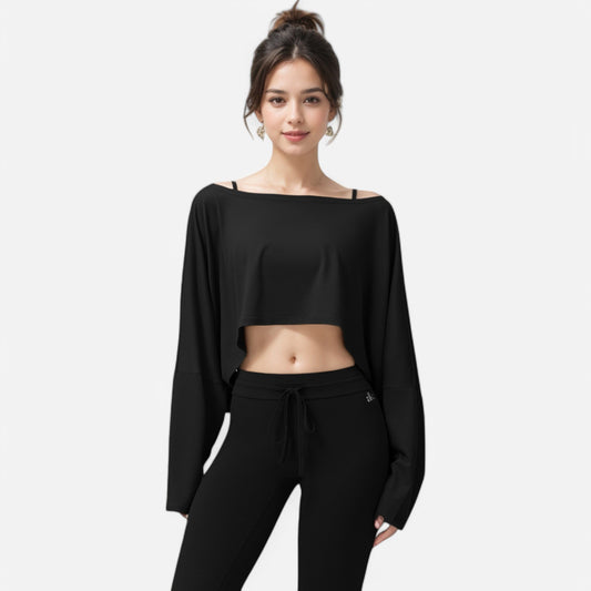 Cropped Long Sleeve Pullover with Wide Boat Neck