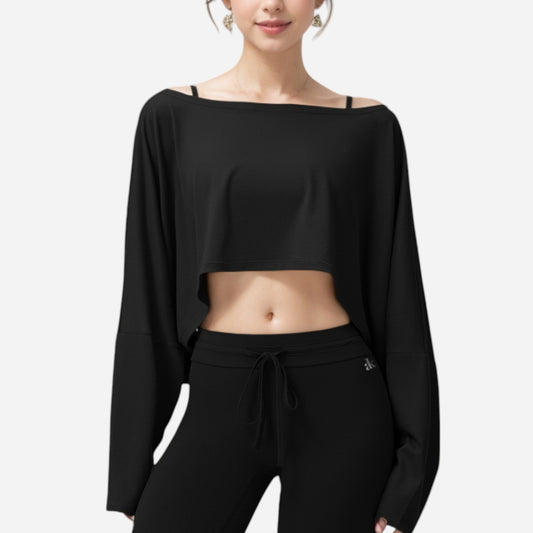 Cropped Long Sleeve Pullover with Wide Boat Neck