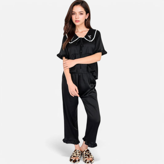 Lounge Women's Embroidered Collar Pajama Set with Ruffle Trim and Button-Up Top