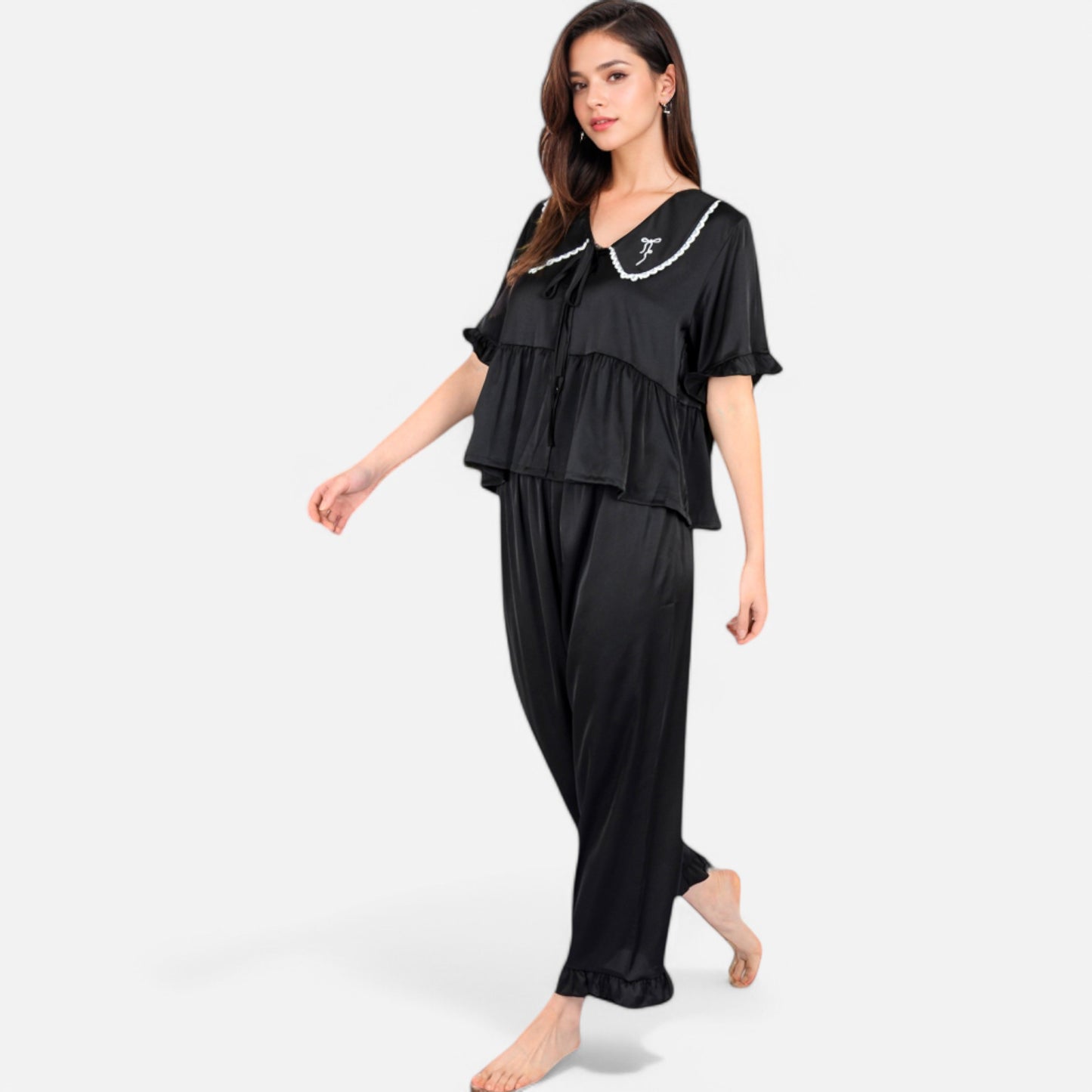 Lounge Women's Embroidered Collar Pajama Set with Ruffle Trim and Button-Up Top