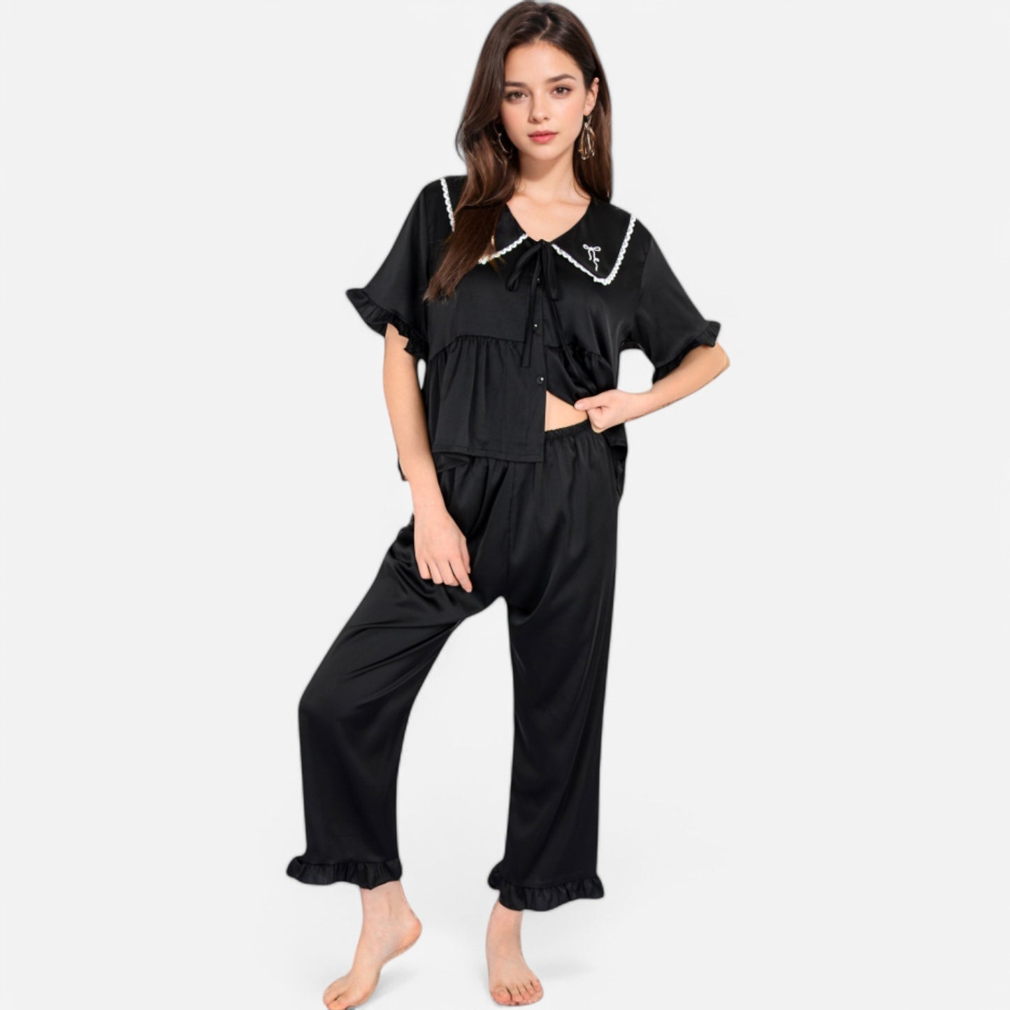 Lounge Women's Embroidered Collar Pajama Set with Ruffle Trim and Button-Up Top