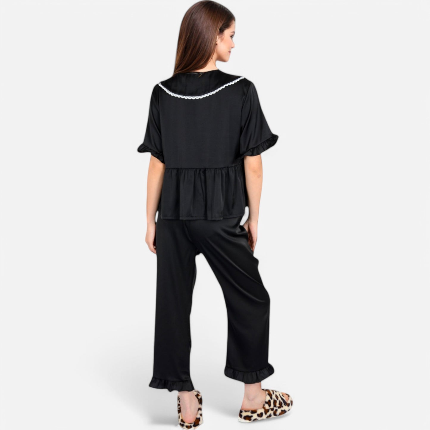 Lounge Women's Embroidered Collar Pajama Set with Ruffle Trim and Button-Up Top