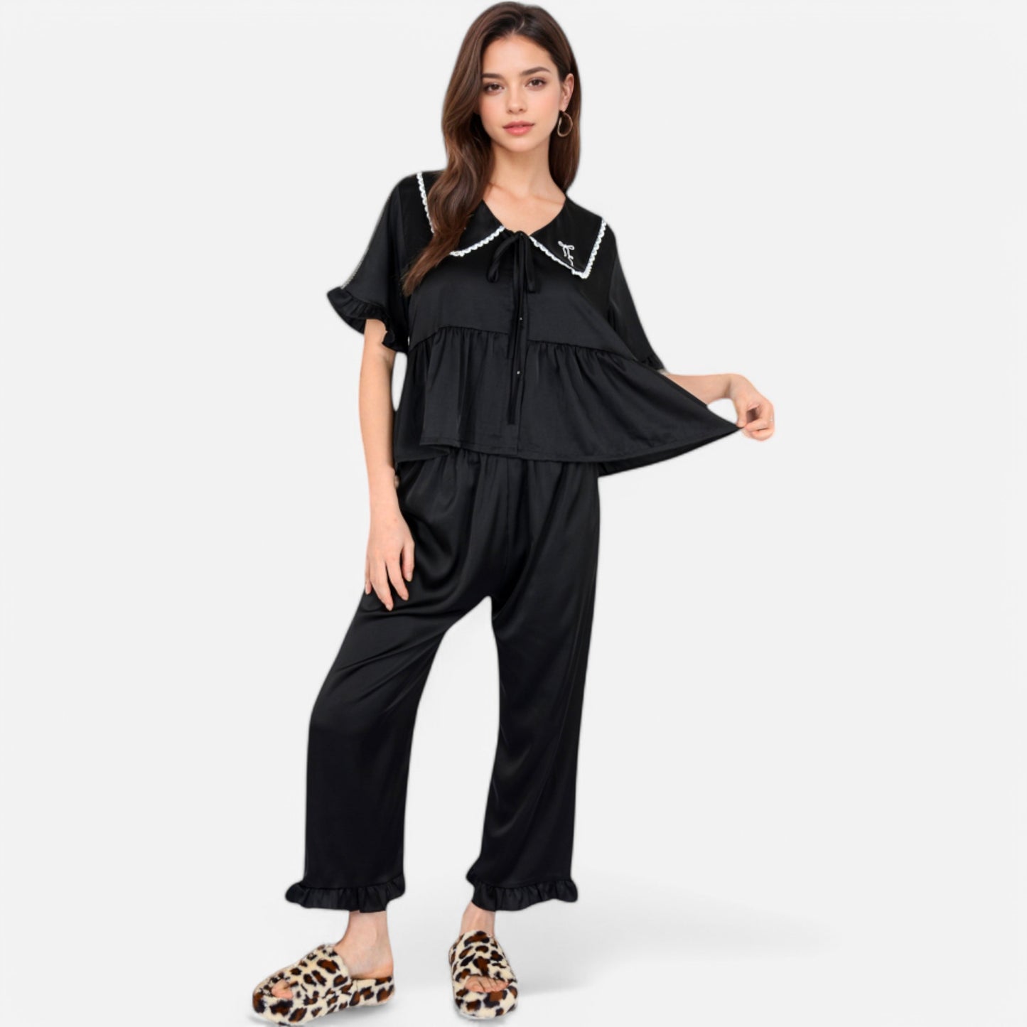 Lounge Women's Embroidered Collar Pajama Set with Ruffle Trim and Button-Up Top