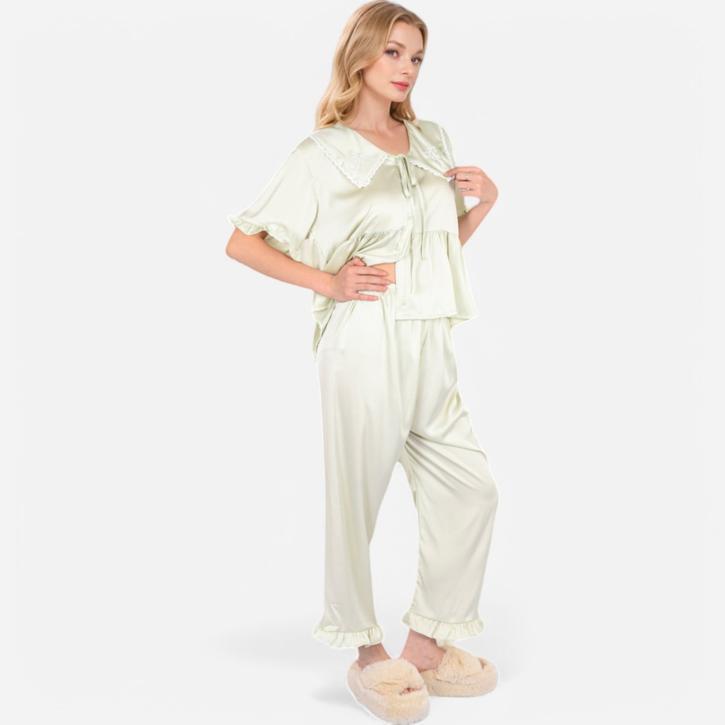 Lounge Women's Embroidered Collar Pajama Set with Ruffle Trim and Button-Up Top
