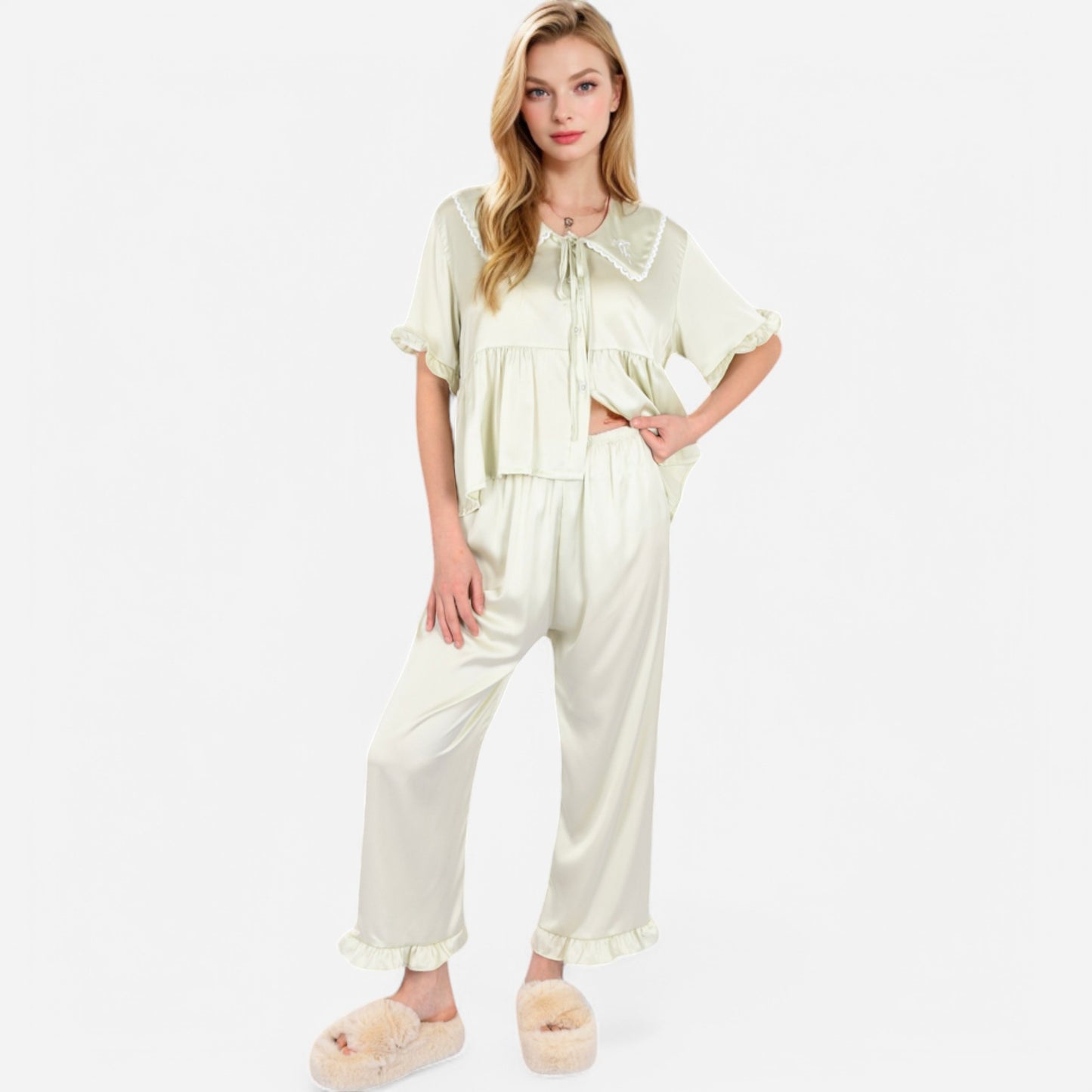 Lounge Women's Embroidered Collar Pajama Set with Ruffle Trim and Button-Up Top
