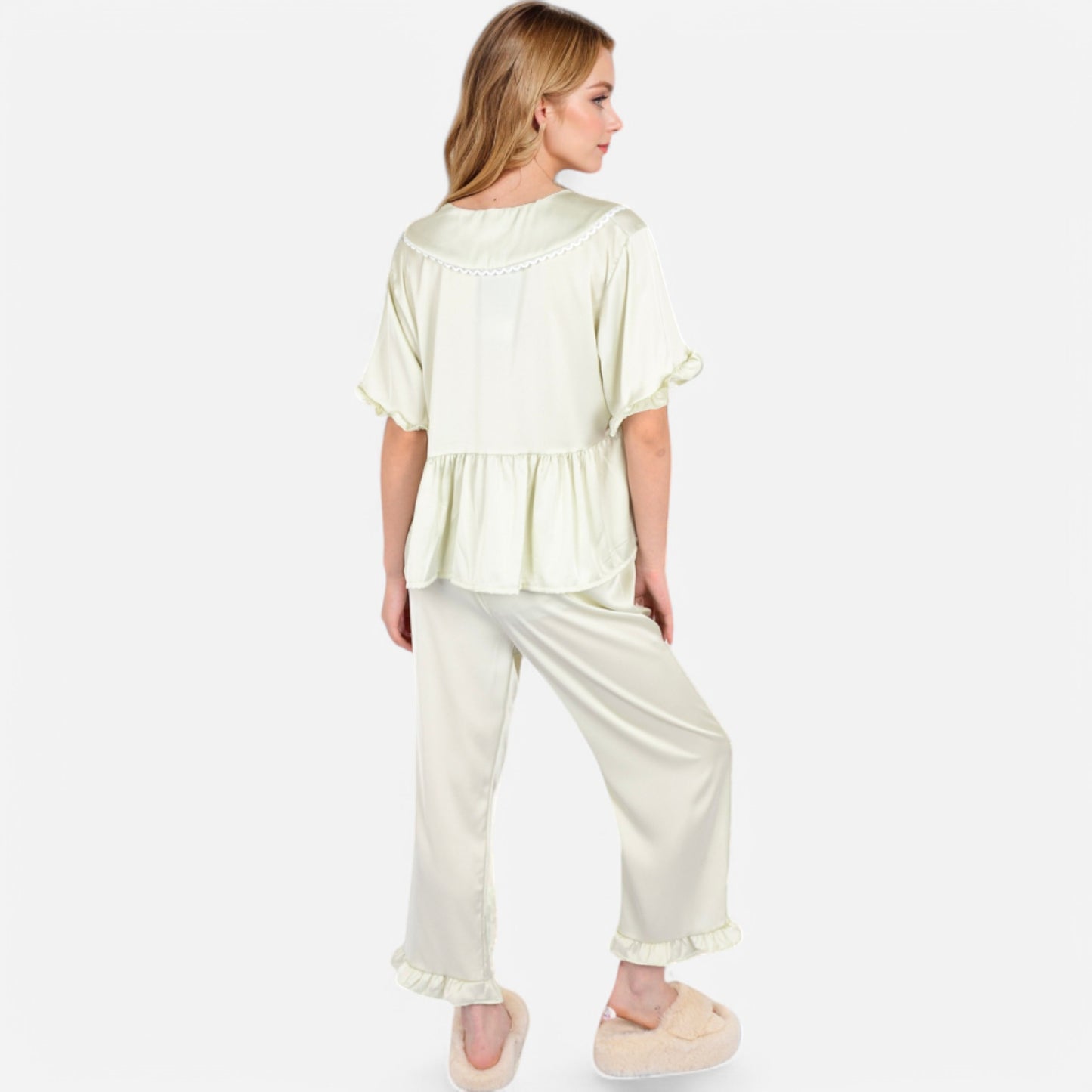 Lounge Women's Embroidered Collar Pajama Set with Ruffle Trim and Button-Up Top