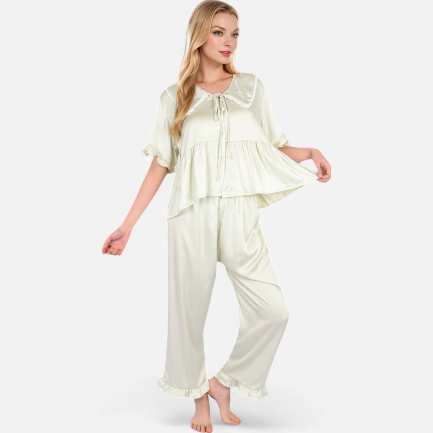 Lounge Women's Embroidered Collar Pajama Set with Ruffle Trim and Button-Up Top